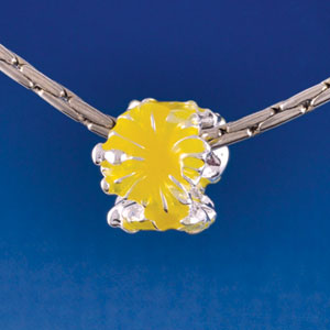 B1469 tlf - Hot Yellow Hibiscus Flowers - Silver  Plated Large Hole Bead (6 per package)