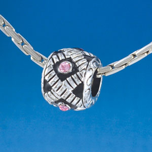 B1541 tlf - Diagonal Banded Barrel with Pink Swarovski Crystals - Im. Rhodium Plated Large Hole Bead (2 per package)