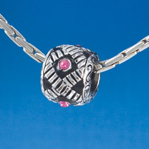 B1542 tlf - Diagonal Banded Barrel with Hot Pink Swarovski Crystals - Im. Rhodium Plated Large Hole Bead (2 per package)