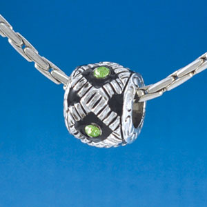 B1543 tlf - Diagonal Banded Barrel with Lime Green Swarovski Crystals - Im. Rhodium Plated Large Hole Bead (2 per package)