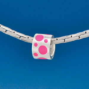 B1570 tlf - Hot Pink Polka Dots Band - Silver Plated Large Hole Bead (6 per package)