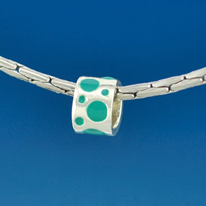 B1575 tlf - Teal Polka Dots Band - Silver Plated Large Hole Bead (6 per package)