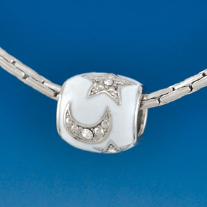 B1590 tlf - White Enamel Star & Moon - Silver Plated Large Hole Bead (2 per package)