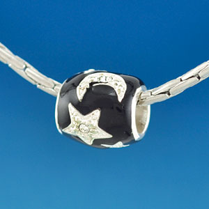 B1591 tlf - Black Enamel Star & Moon - Silver Plated Large Hole Bead (2 per package)