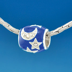 B1592 tlf - Blue Enamel Star & Moon - Silver Plated Large Hole Bead (2 per package)