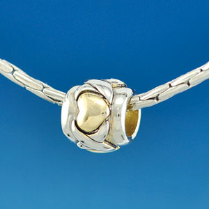 B1620 tlf - Silver X with Gold Heart - Im. Rhodium & Gold Plated Large Hole Bead (2 per package)