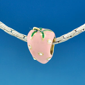 B1657 tlf - Pink Enamel Strawberry with Swarovski Crystal - Gold Plated Large Hole Bead (2 per package)