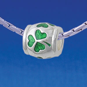B1772 tlf - Translucent Green Irish Shamrock Clover on Barrel - Silver Plated Large Hole Bead (2 per package)