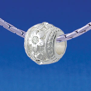 B1784 tlf - Raised Silver Flowers with Clear Swarovski Crystals on Barrel - Silver Plated Large Hole Bead (2 per package)