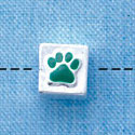 B1085 tlf - 6mm Cube with Green Enamel Paw - Silver Plated Beads (6 per package)