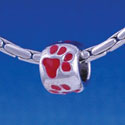 B1118 tlf - Silver Bead with Red Paw Prints - Im. Rhodium Large Hold Beads (6 per package)