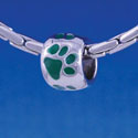 B1126 tlf - Silver Bead with Green Paw Prints - Im. Rhodium Large Hold Beads (6 per package)