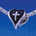 B1215 tlf - Black Heart with Silver Cross - 2-D - Im. Rhodium Large Hole Beads (6 per package)