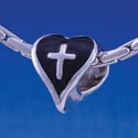 B1215 tlf - Black Heart with Silver Cross - 2-D - Im. Rhodium Large Hole Beads (6 per package)