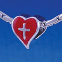 B1216 tlf - Red Heart with Silver Cross - 2-D - Im. Rhodium Large Hole Beads (6 per package)