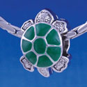 B1219 tlf - Green Enamel 2-D Turtle - Im. Rhodium Large Hole Beads (2 per package)