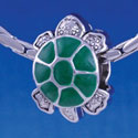 B1219 tlf - Green Enamel 2-D Turtle - Im. Rhodium Large Hole Beads (2 per package)