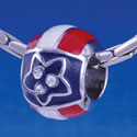 B1257 tlf - Patriotic - Blue Star with Swarovski Crystals, White and Red Bands - Im. Rhodium Large Hole Beads (6 per package)