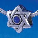 B1325 tlf - Star of David with Blue Swarovski Crystal - Im. Rhodium Plated Large Hole Bead (6 per package)