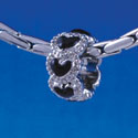 B1344 tlf - Mini Beaded Black Hearts Spacer - Im. Rhodium Plated Large Hole Bead (6 per package)