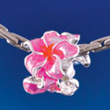 B1465 tlf - Hot Pink and Orange Plumeria Flowers - Silver  Plated Large Hole Bead (6 per package)