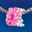 B1467 tlf - Hot Pink Hibiscus Flowers - Silver  Plated Large Hole Bead (6 per package)