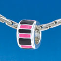 B1587 tlf - Hot Pink and Black Banded - Silver Plated Large Hole Bead (6 per package)