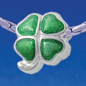 B1771 tlf - Translucent Green Lucky Four Leaf Clover - Silver Plated Large Hole Bead (2 per package)