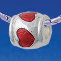 B1773 tlf - Translucent Red Hearts on Barrel - Silver Plated Large Hole Bead (2 per package)