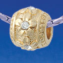 B1785 tlf - Raised Gold Flowers with Clear Swarovski Crystals on Barrel - Gold Plated Large Hole Bead (2 per package)