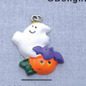 7477* tlf - Ghost with Bat & Pumpkin - Resin Charm (12 per package)