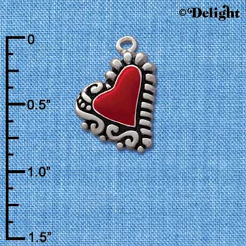 C1029* - Heart Red Fancy Silver Charm (left & right) (6 charms per package)