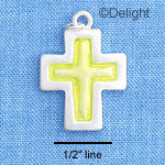 C1213 - Cross Glass large Yellow Silver Charm (6 charms per package)