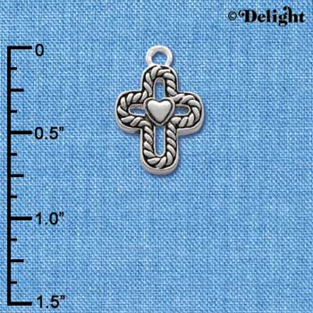 C1307 - Cross Rope Heart Silver Charm (6 charms per package)