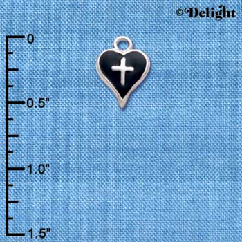 C1512 - Heart Cross Black Silver Charm (6 charms per package)