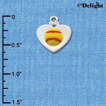 C2014 - Softball optic yellow Heart Silver Charm (6 charms per package)