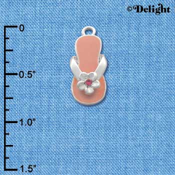C2040 - Flip Flop Pink Flower w Stone Silver Charm (6 charms per package)