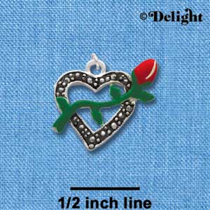 C2180* - Heart With Red Rose Silver Charm (Left & Right) (6 charms per package)