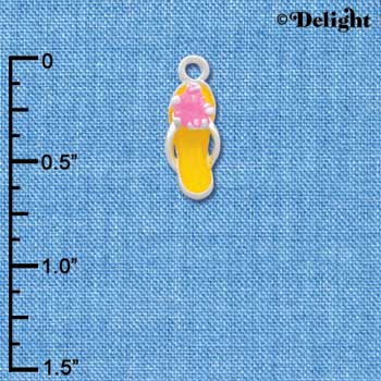 C2413 - Yellow Flip Flop with Pink Hibiscus Flower - Silver Charm (6 charms per package)