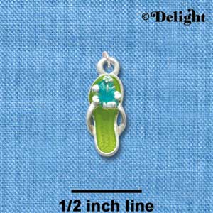 C2415 - Lime Green Flip Flop with Blue Hibiscus Flower - Silver Charm (6 charms per package)