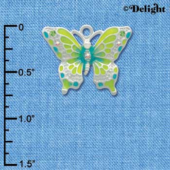 C2441 - Butterfly - Lime Green & Blue - Silver Charm (6 charms per package)