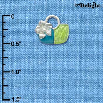 C2457 - Purse with Flower - Blue and Green - Silver Charm (6 charms per package)