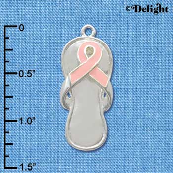 C2557 - Pink Ribbon Flip Flop - Large - Silver Charm ( 6 charms per package )
