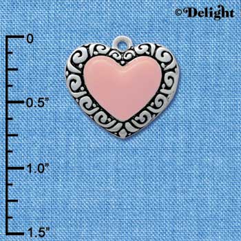 C2573 - Fancy Heart - Pink - Large Fancy Border - Silver Charm ( 6 charms per package )