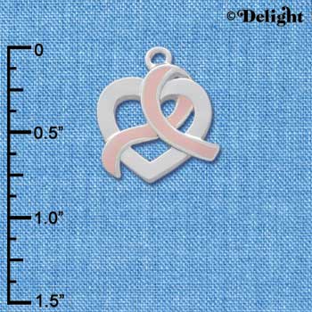 C2574 - Heart Outline with Pink Ribbon Looping Through - Silver Charm ( 6 charms per package )