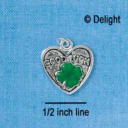 C2625 - Good Luck Heart with Green Four Leaf Clover - Silver Charm