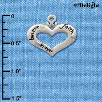 C2713 - Heart with 3 AB Crystals - Believe, Faith, Prayer - Silver Charm