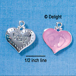 C2867+ - 2-Sided Pink Baby Feet Impression Heart - Silver Charm ( 6 charms per package )