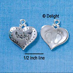 C2869+ - 2-Sided Clear Frosted Baby Feet Impression Heart - Silver Charm ( 6 charms per package )