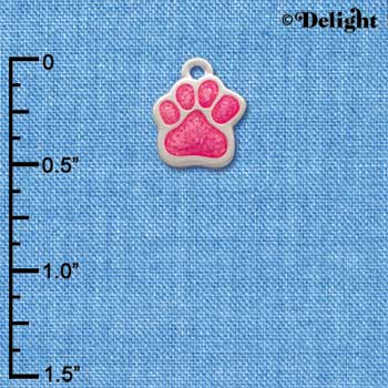 C2873 - Hot Pink Glitter Mini Paw - Silver Charm ( 6 charms per package )